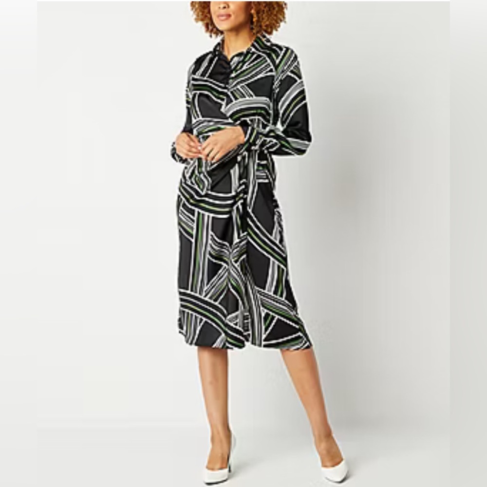 Worthington Womens Long Sleeve Geo Linear Wrap Dress